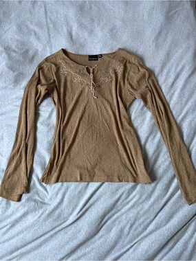 Embroidered Tie-Neck Long Sleeve Blouse in Camel Brown